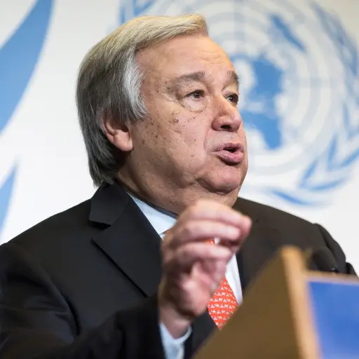 epa06760545 United Nations Secretary General Antonio Guterres presents his disarmament agenda at a public lecture at the University of Geneva, in Geneva, Switzerland, 24 May 2018. EPA/CYRIL ZINGARO