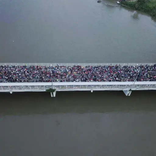 GUA04. TECÚN UMÁN (GUATEMALA), 19/10/2018.- Fotografía tomada desde un dron de los cientos de migrantes hondureños que permanecen varados en uno de los puentes que atraviesa el río Suchiate, frontera natural entre Guatemala y México hoy, viernes 19 de oct