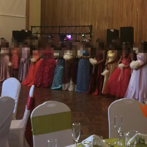 Quinceañeras posan para una foto grupal.