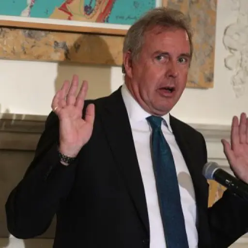 (FILES) In this file photo taken on October 20, 2017 British Ambassador to the US Kim Darroch speaks during an annual dinner of the National Economists Club at the British Embassy  in Washington, DC. - Britain's ambassador to Washington Kim Darroch said o