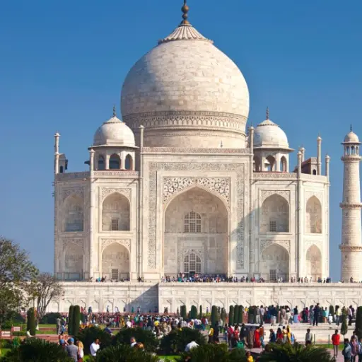 Crowds of tourists at The Taj Mahal mausoleum southern view Uttar Pradesh, India