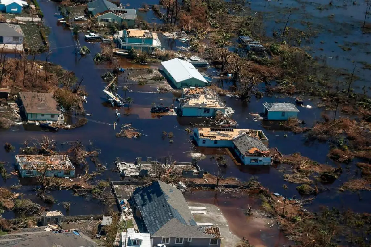 An aerial view of floods and damages from Hurricane Dorian on Freeport, Grand Bahama on September 5, 2019. (Photo by Adam DelGiudice / AFP)