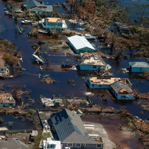 An aerial view of floods and damages from Hurricane Dorian on Freeport, Grand Bahama on September 5, 2019. (Photo by Adam DelGiudice / AFP)