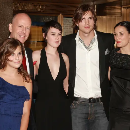 Actors Ashton Kutcher, Demi Moore and Bruce Willis pose with their children Rumer and Tallulah 