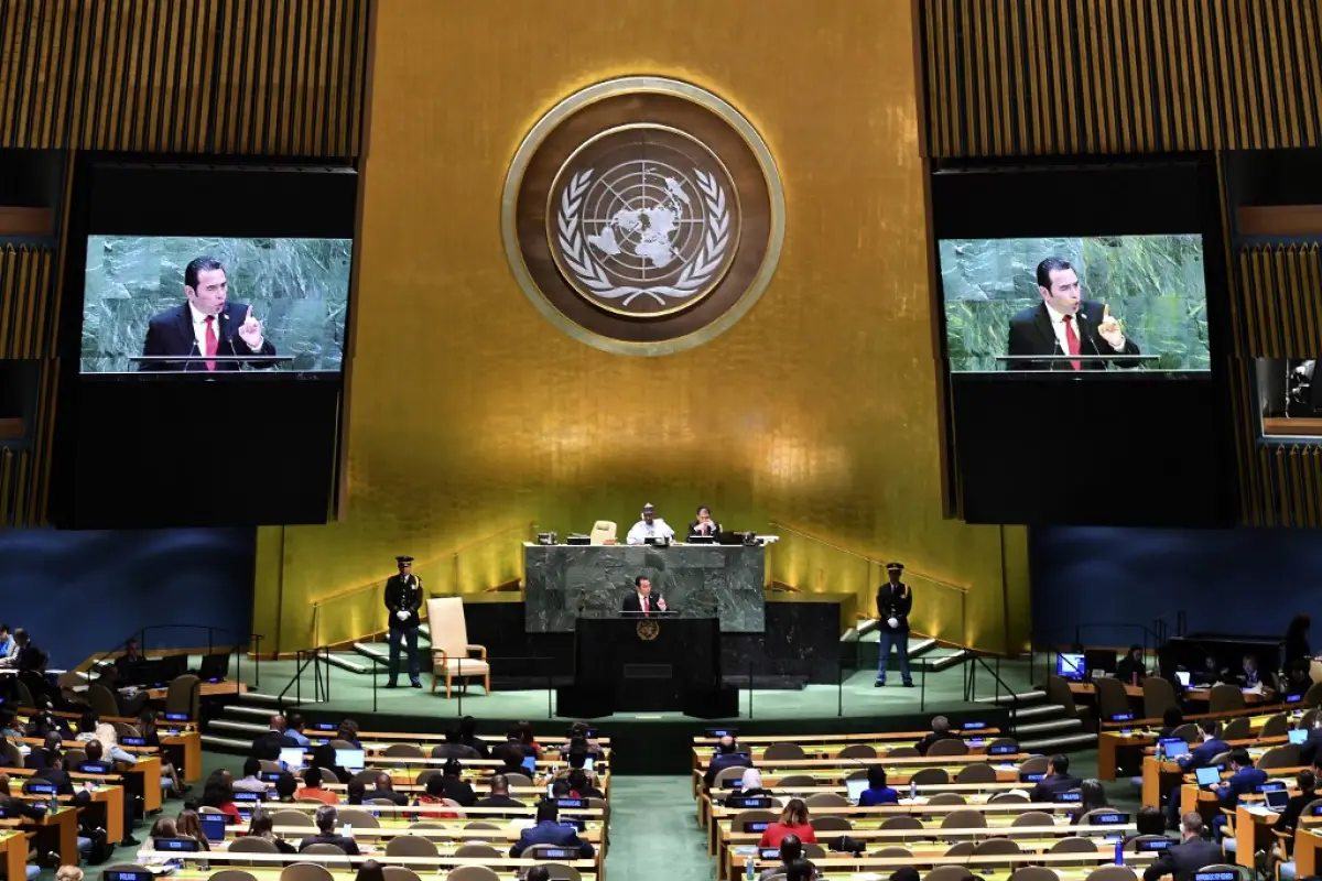 President of Guatemala Jimmy Morales speaks at the 74th Session of the General Assembly at the United Nations headquarters on September 25, 2019 in New York. (Photo by Johannes EISELE / AFP)