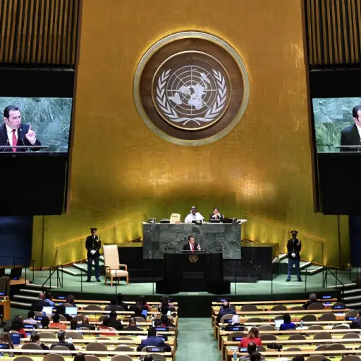 President of Guatemala Jimmy Morales speaks at the 74th Session of the General Assembly at the United Nations headquarters on September 25, 2019 in New York. (Photo by Johannes EISELE / AFP)