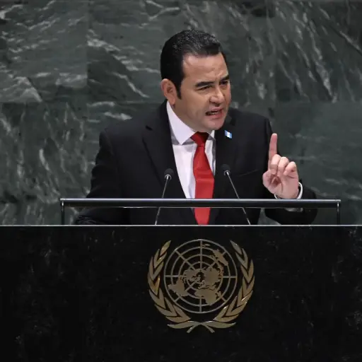 President of Guatemala Jimmy Morales speaks at the 74th Session of the General Assembly at the United Nations headquarters on September 25, 2019 in New York. (Photo by Johannes EISELE / AFP)