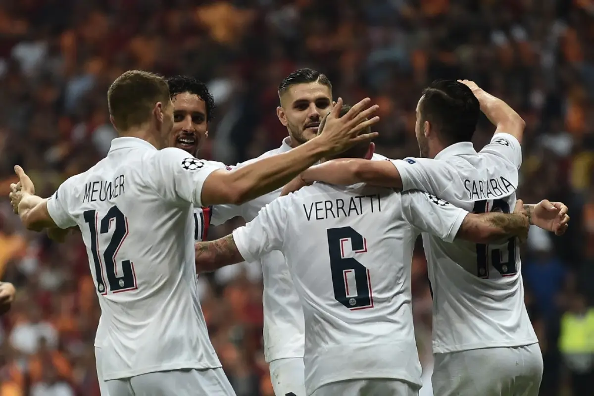 Paris Saint-Germain's Argentine forward Mauro Icardi (C) is congratulated by teammates after scoring a goal during the UEFA Champions League football match between Galatasaray and Paris Saint-Germain (PSG), on October 01, 2019 at Ali Sami Yen Spor Komplek