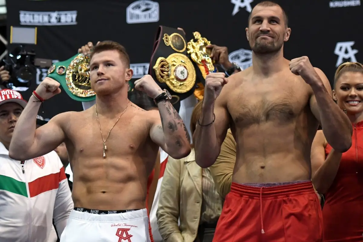 LAS VEGAS, NEVADA - NOVEMBER 01: Boxer Canelo Alvarez (L) and WBO light heavyweight champion Sergey Kovalev pose during their official weigh-in at MGM Grand Garden Arena on November 1, 2019 in Las Vegas, Nevada. Kovalev will defend his title against Alvar