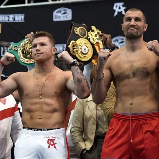 LAS VEGAS, NEVADA - NOVEMBER 01: Boxer Canelo Alvarez (L) and WBO light heavyweight champion Sergey Kovalev pose during their official weigh-in at MGM Grand Garden Arena on November 1, 2019 in Las Vegas, Nevada. Kovalev will defend his title against Alvar