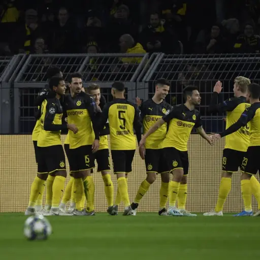 Dortmund's celebrates scoring during the UEFA Champions League Group F football match between Borussia Dortmund and SK Slavia Prague on December 10, 2019 in Dortmund, western Germany. (Photo by Ina Fassbender / AFP)