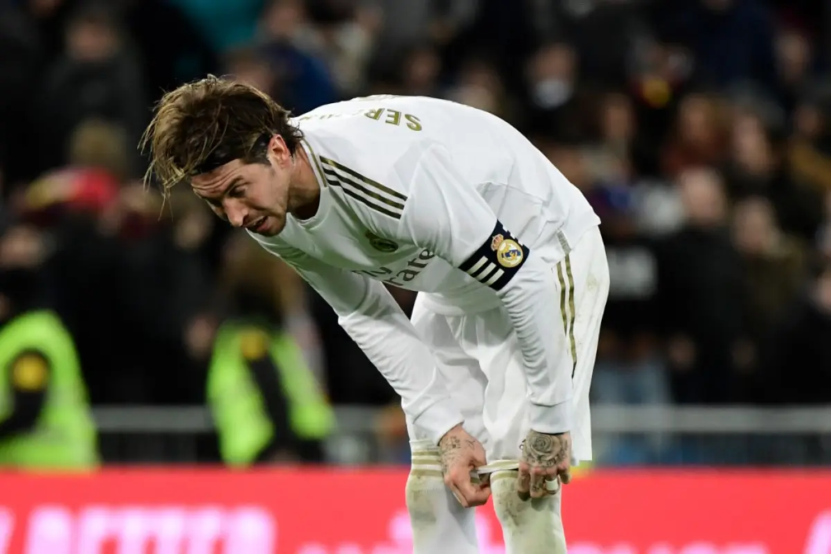 Real Madrid's Spanish defender Sergio Ramos reacts at the end of the Spanish league football match Real Madrid CF against Athletic Club Bilbao at the Santiago Bernabeu stadium in Madrid on December 22, 2019. (Photo by JAVIER SORIANO / AFP)