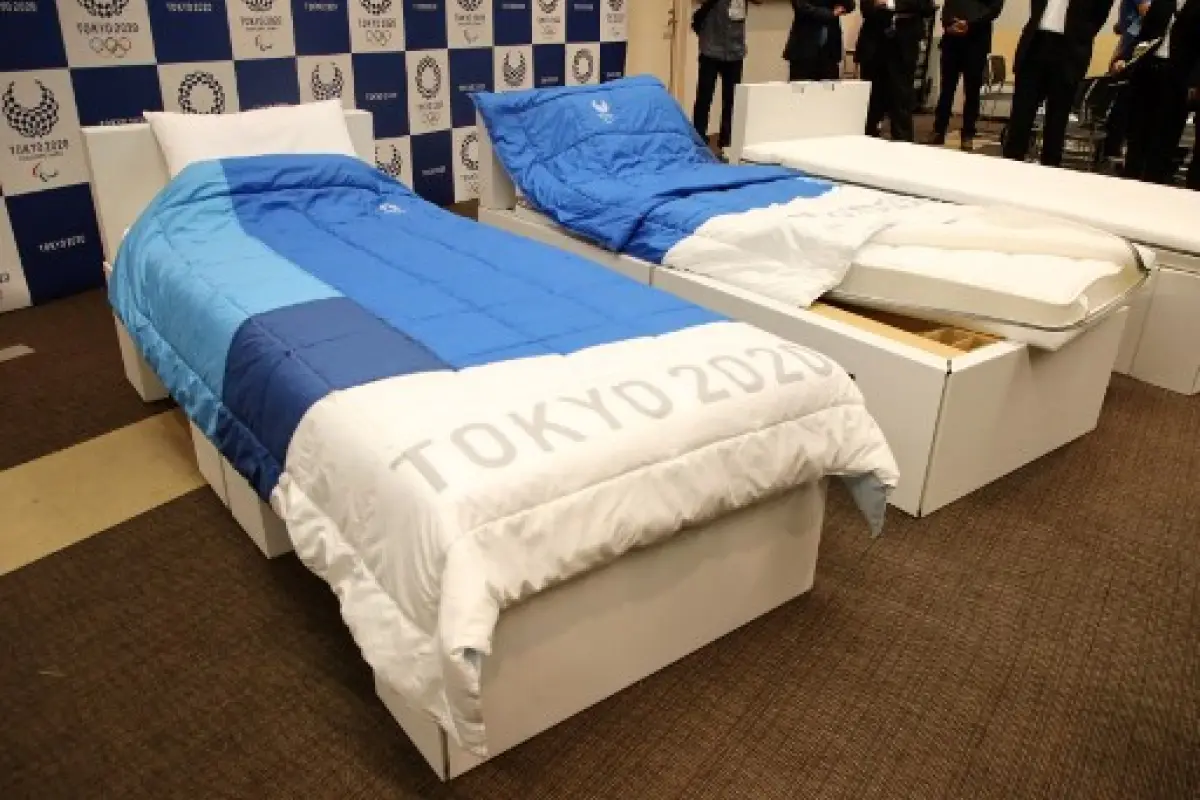 In this picture taken on September 24, 2019  beds made of cardboards for the Tokyo 2020 Olympic and Paralympic Village are displayed in Tokyo. - Randy athletes worried that eco-friendly cardboard beds could curtail their sex life at this summer's Tokyo Ol