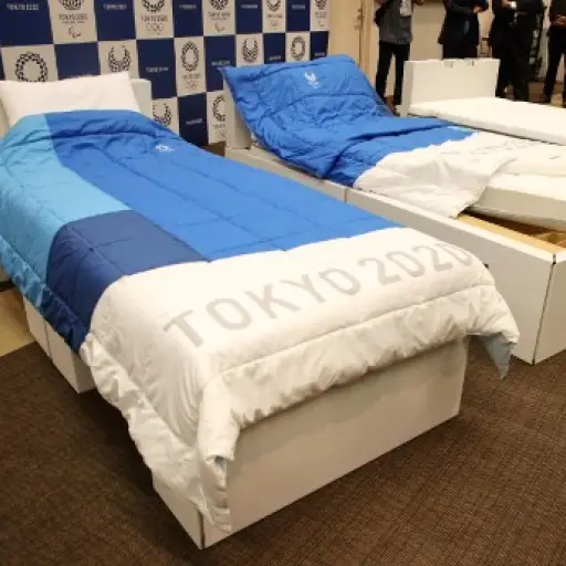 In this picture taken on September 24, 2019  beds made of cardboards for the Tokyo 2020 Olympic and Paralympic Village are displayed in Tokyo. - Randy athletes worried that eco-friendly cardboard beds could curtail their sex life at this summer's Tokyo Ol