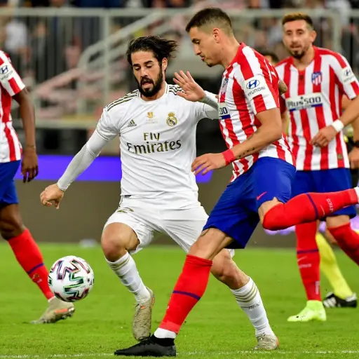 Atletico Madrid's Uruguayan defender Jose Gimenez (C-R) is closed down by Real Madrid's Spanish midfielder Isco (C-L) during the Spanish Super Cup final between Real Madrid and Atletico Madrid on January 12, 2020, at the King Abdullah Sports City in the S