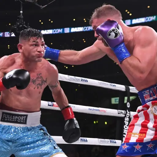 LOS ANGELES, CA - NOVEMBER 09: Billy Joe Saunders (red/white/blue shorts) and Marceleo Coceres (light blue shorts) exchange punches during their WBO World Super-Middleweight Championship fight at Staples Center on November 9, 2019 in Los Angeles, Californ