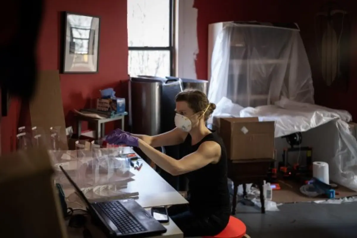 NEW YORK, NY - MARCH 27: Artist Luba Drozd makes protective shields for health workers in her apartment on her 3D printers on March 27, 2020 in Brooklyn, New York. Together with friends, she started a GoFundMe campaign to raise money to buy more supplies 