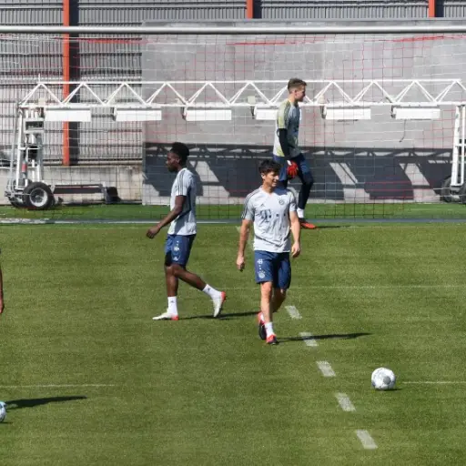 (L-R) Bayern Munich's Dutch striker Joshua Zirkzee, Bayern Munich's Canadian midfielder Alphonso Davies, Bayern Munich's Polish striker Robert Lewandowski and Bayern Munich's French defender Kingsley Coman attend a training session at the team's training 