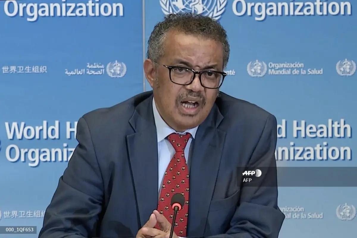 A TV grab taken from a video released by the World Health Organization (WHO) shows WHO Chief Tedros Adhanom Ghebreyesus attending a virtual news briefing on COVID-19 (novel coronavirus) from the WHO headquarters in Geneva on April 6, 2020. - The WHO said 