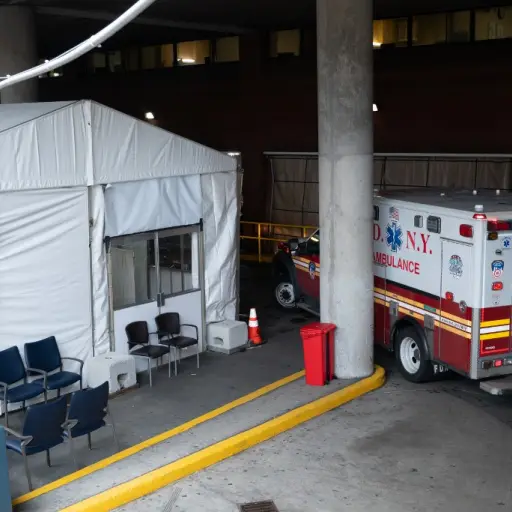 NEW YORK, NY - APRIL 9: An ambulance pulls into the triage area of the Montefiore Medical Center's emergency room on April 9, 2020 in New York City. New York Governor Andrew Cuomo said that while signs show that measures taken by New Yorkers are beginning