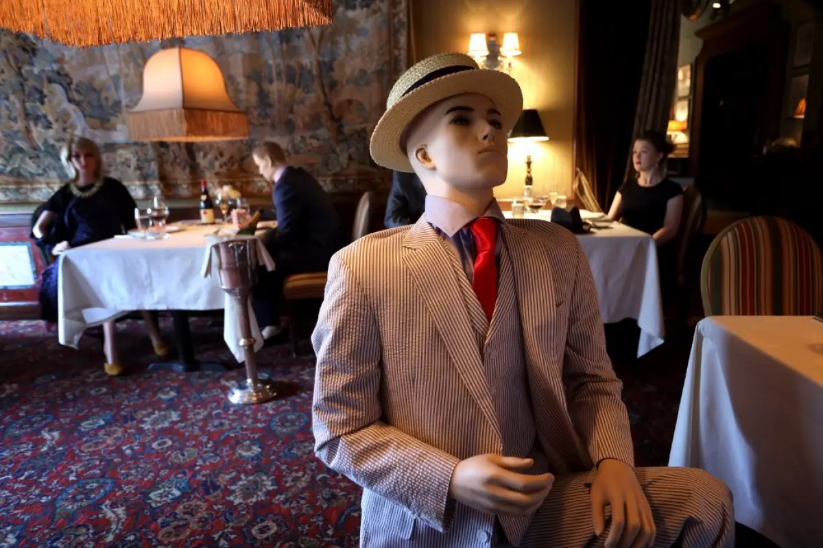 WASHINGTON, VIRGINIA - MAY 14: Mannequins costumed in 1940s era clothing are seated in the dining area of the Inn at Little Washington, a Michelin three star restaurant in the Virginia countryside, in Rappahannock County May 14, 2020 in Washington, Virgin