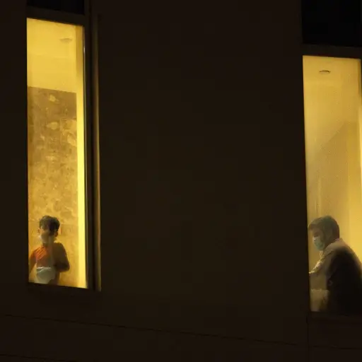 A boy looks through a window as a man wearing a surgical mask sits by at an isolated section for COVID-19 coronavirus disease treatment at a hotel in the sports city of Iraq's southern city of Basra on May 11, 2020. (Photo by Hussein FALEH / AFP)