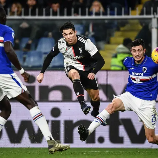 (From L) Sampdoria's Gambian defender Omar Colley, Juventus' Portuguese forward Cristiano Ronaldo and Sampdoria's Italian defender Alex Ferrari go for the ball during the Italian Serie A football match Sampdoria vs Juventus on December 18, 2019 at the Lui