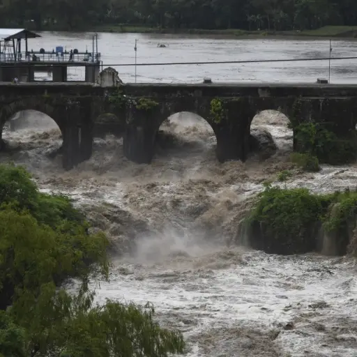 View of Los Esclavos River during tropical storm Amanda, in Cuilapa, 65 km southeast of Guatemala City, on May 31, 2020. - Tropical storm Amanda, the first named storm of the season in the Pacific, lashed El Salvador and Guatemala on Sunday, leaving nine 