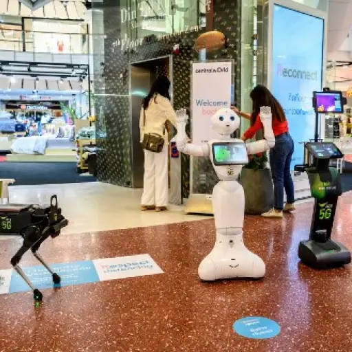 5G robots welcome visitors to a shopping mall in Bangkok on June 4, 2020, as sectors of the economy reopen following restrictions to halt the spread of the COVID-19 novel coronavirus. (Photo by Mladen ANTONOV / AFP)