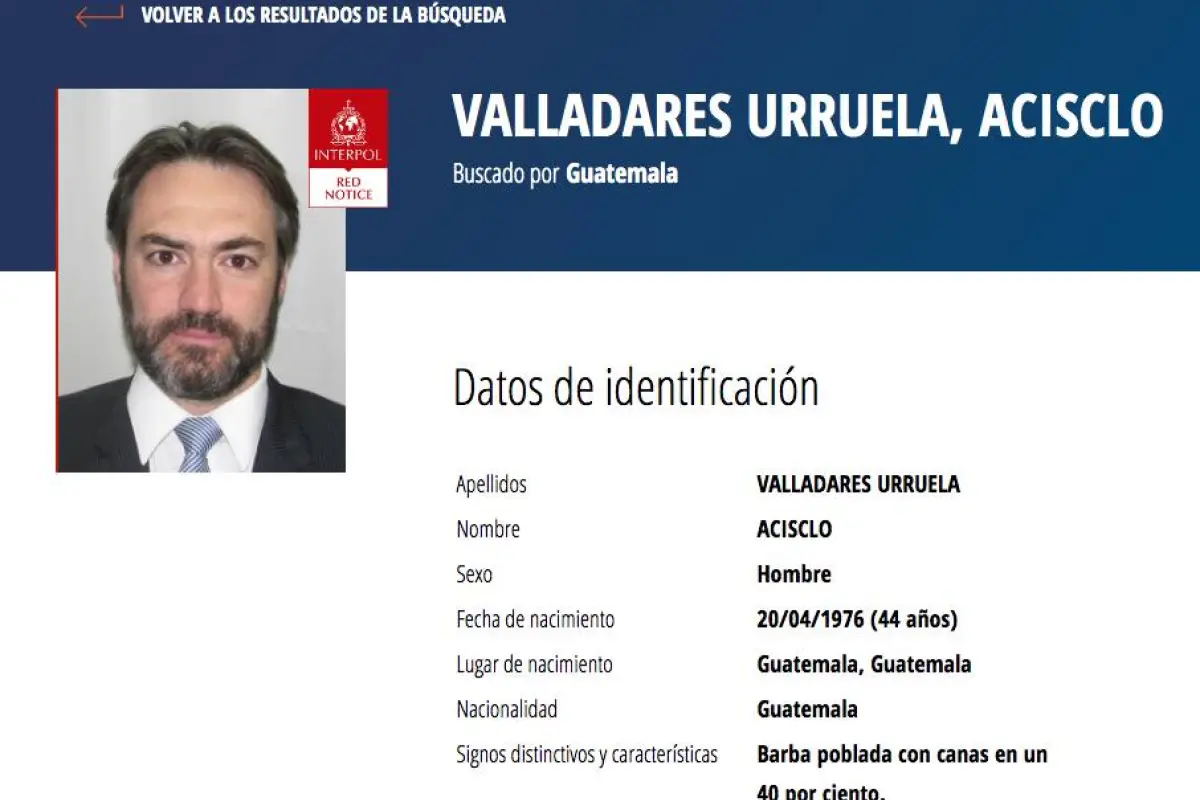 Alerta de Interpol sobre Acisclo Valladares Urruela.