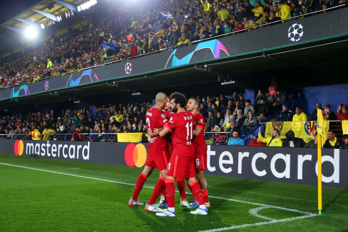 VILLARREAL, SPAIN - MAY 03: Luis Diaz of Liverpool (obscured) celebrates with teammates after scoring their team's second goal during the UEFA Champions League Semi Final Leg Two match between Villarreal and Liverpool at Estadio de la Ceramica on May 03, 