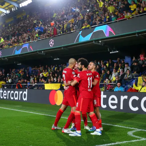 VILLARREAL, SPAIN - MAY 03: Luis Diaz of Liverpool (obscured) celebrates with teammates after scoring their team's second goal during the UEFA Champions League Semi Final Leg Two match between Villarreal and Liverpool at Estadio de la Ceramica on May 03, 