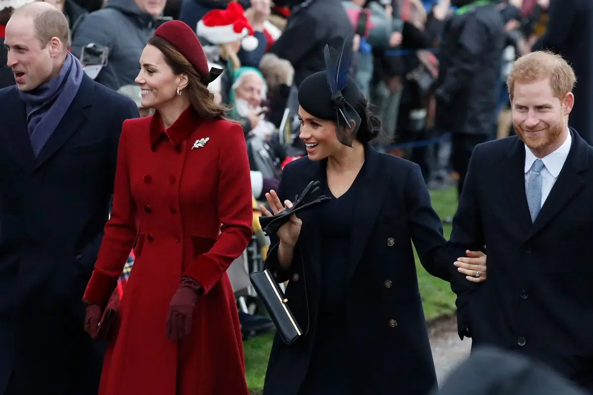 Britain's Prince William, left, Kate, Duchess of Cambridge, second left, Meghan Duchess of Sussex and Prince Harry, right, arrive to attend the Christmas day service at St Mary Magdalene Church in Sandringham in Norfolk, England, Tuesday, Dec. 25, 2018. (