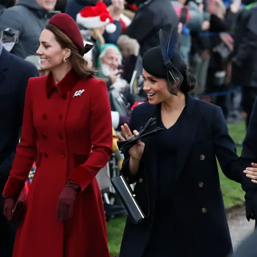 Britain's Prince William, left, Kate, Duchess of Cambridge, second left, Meghan Duchess of Sussex and Prince Harry, right, arrive to attend the Christmas day service at St Mary Magdalene Church in Sandringham in Norfolk, England, Tuesday, Dec. 25, 2018. (