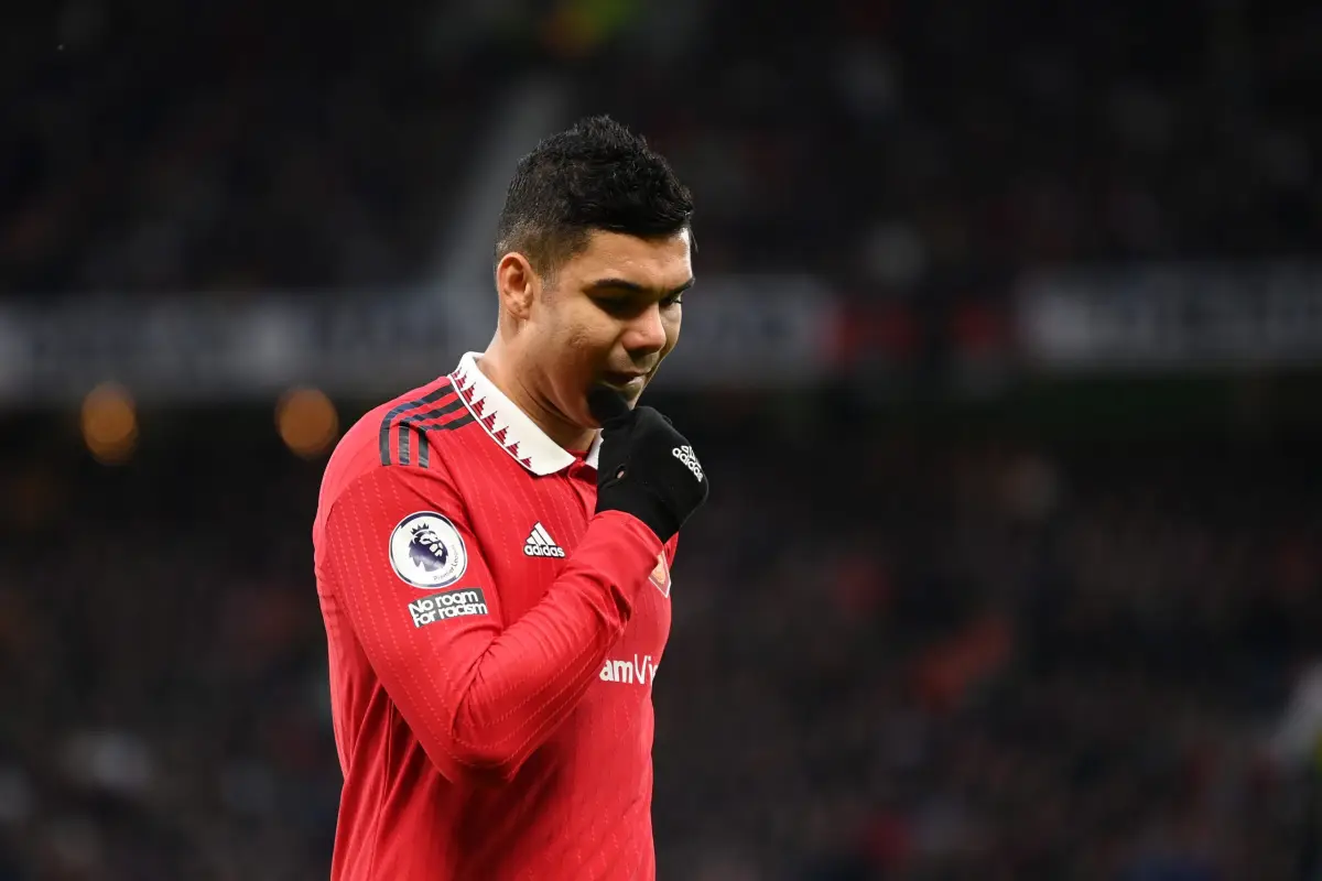 MANCHESTER, ENGLAND - FEBRUARY 04: Casemiro of Manchester United reacts after being shown a red card during the Premier League match between Manchester United and Crystal Palace at Old Trafford on February 04, 2023 in Manchester, England. (Photo by Michae