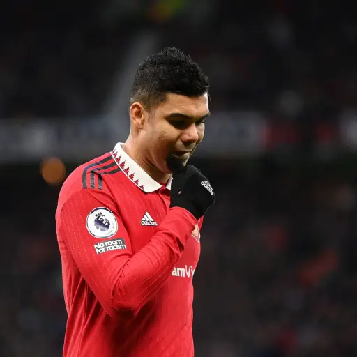 MANCHESTER, ENGLAND - FEBRUARY 04: Casemiro of Manchester United reacts after being shown a red card during the Premier League match between Manchester United and Crystal Palace at Old Trafford on February 04, 2023 in Manchester, England. (Photo by Michae
