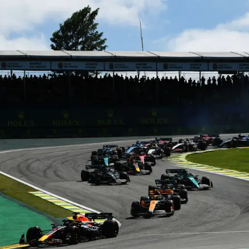SAO PAULO, BRAZIL - NOVEMBER 05: Max Verstappen of the Netherlands driving the (1) Oracle Red Bull Racing RB19 leads the field at the restart after a red flag delay during the F1 Grand Prix of Brazil at Autodromo Jose Carlos Pace on November 05, 2023 in S