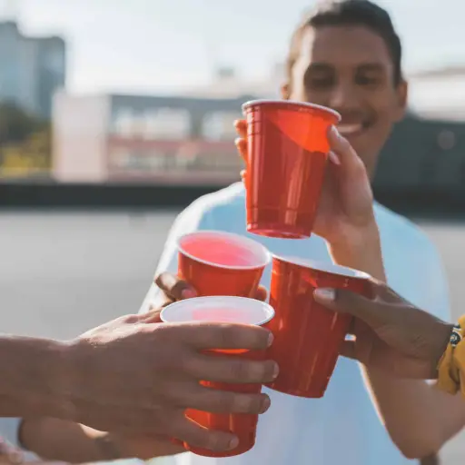 group of friends clinking glasses on alcohol on roof party