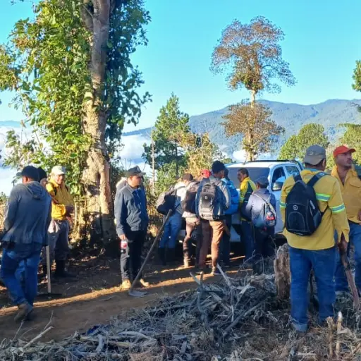 Brigadistas trabajan en controlar el incendio forestal en las faldas del volcán de Agua ,