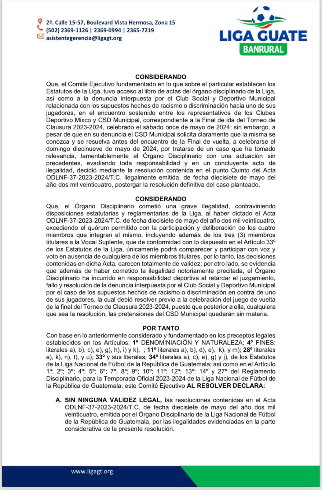 El Comité Ejecutivo de la Liga Nacional ha declarado sin validez legal las resoluciones del Órgano Disciplinario contenidas en el Acta ODLNF-37-2023-2024 | 