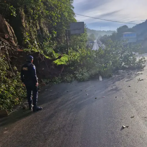 Trabajadores de la Dirección General de Caminos atendió un deslizamiento en Sololá. Foto: Conred.