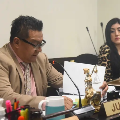 El juez Pedro Laynez en una audiencia del caso del crimen contra Floridalma Roque. Foto: Omar Solís/EU