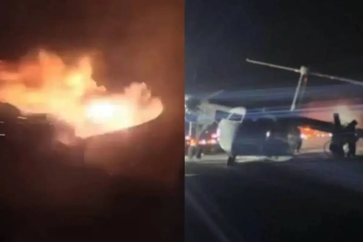 Las imágenes de vídeo captadas durante el incidente muestran que las alas del avión hicieron contacto con la superficie de la pista, lo que provocó un incendio durante la secuencia de aterrizaje. , Captura de pantalla