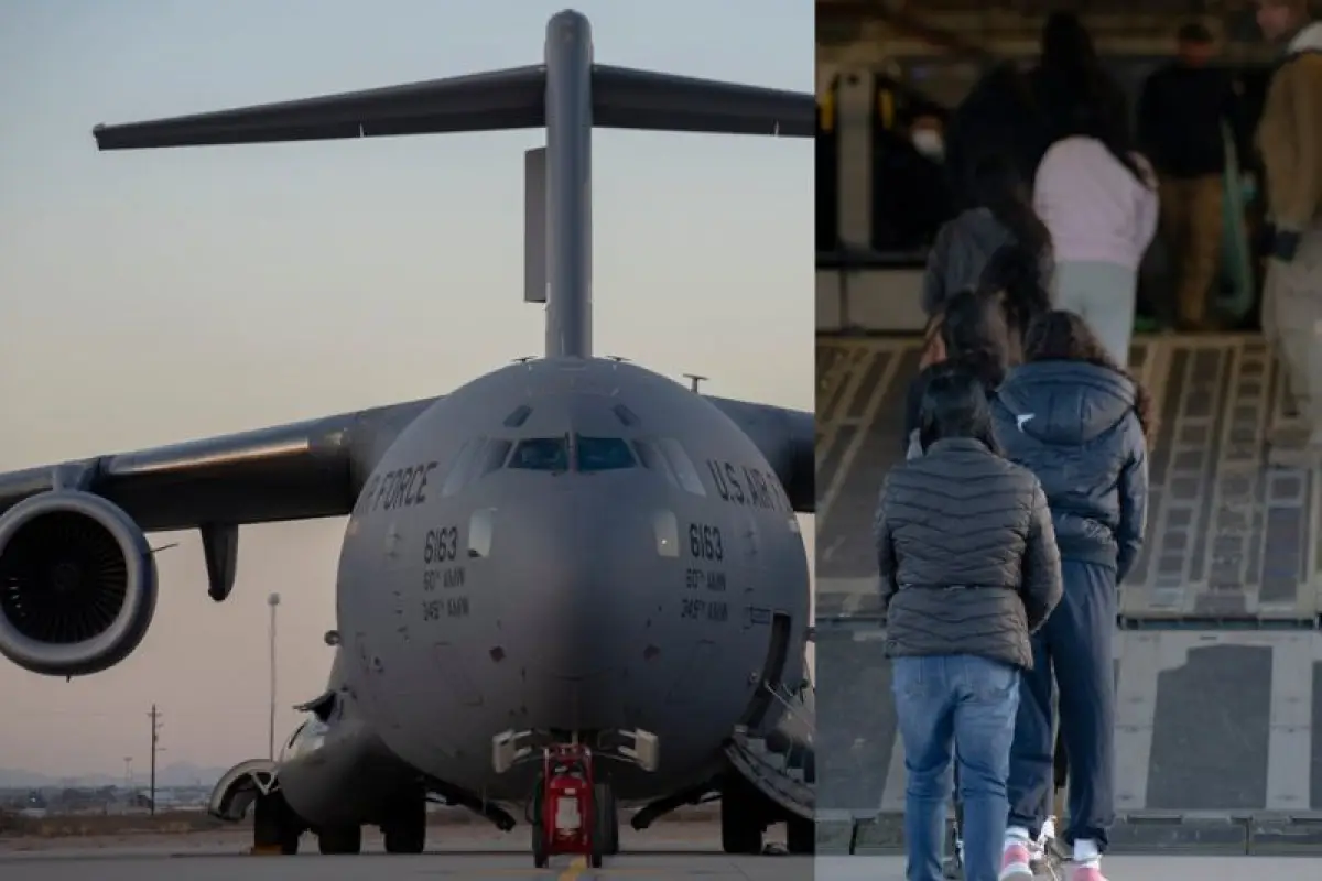 Migrantes guatemaltecos ingresaron al avión encadenados y sin mostrar sus rostros., Foto US AIR FORCE