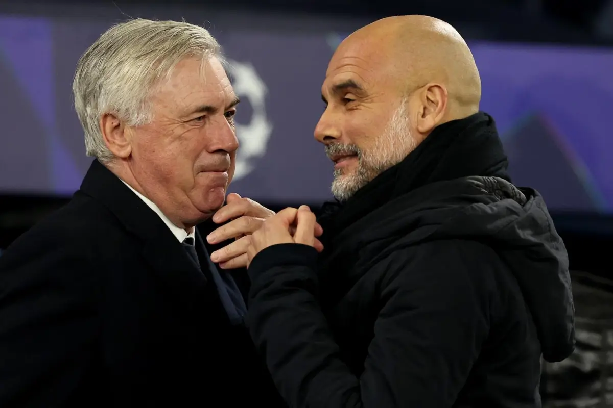 Pep Guardiola y Carlo Ancelotti, previo al partido entre Manchester City y Real Madrid - EFE