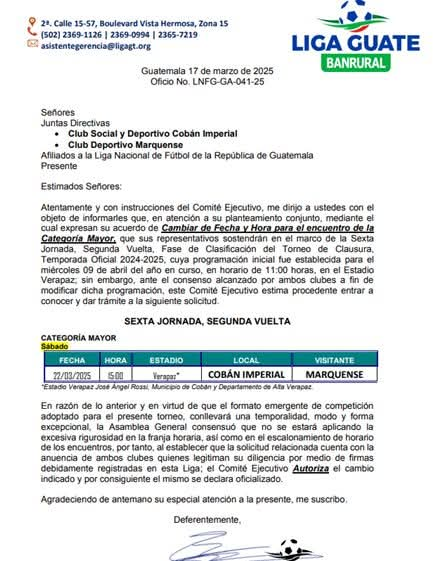 Liga Nacional autorizó adelanto del duelo Cobán Imperial-Deportivo Marquense    / Liga Nacional 