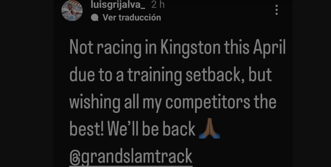 Luis Grijalva se pierde el Grand Slam Track Kingston 2025  / Instagram de Luis Grijalva 