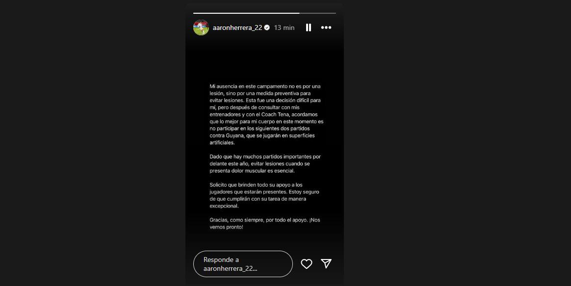 Comunicado de Aaron Herrera por su ausencia en Selección de Guatemala  / Aaron Herrera (Instagram)