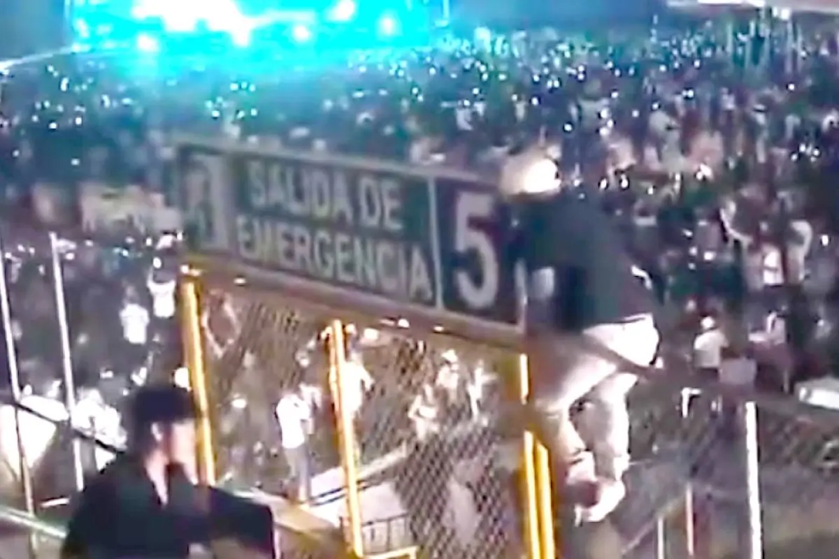 Fanático cae tras saltar malla en video de Fuerza Regida., Captura de pantalla video X.