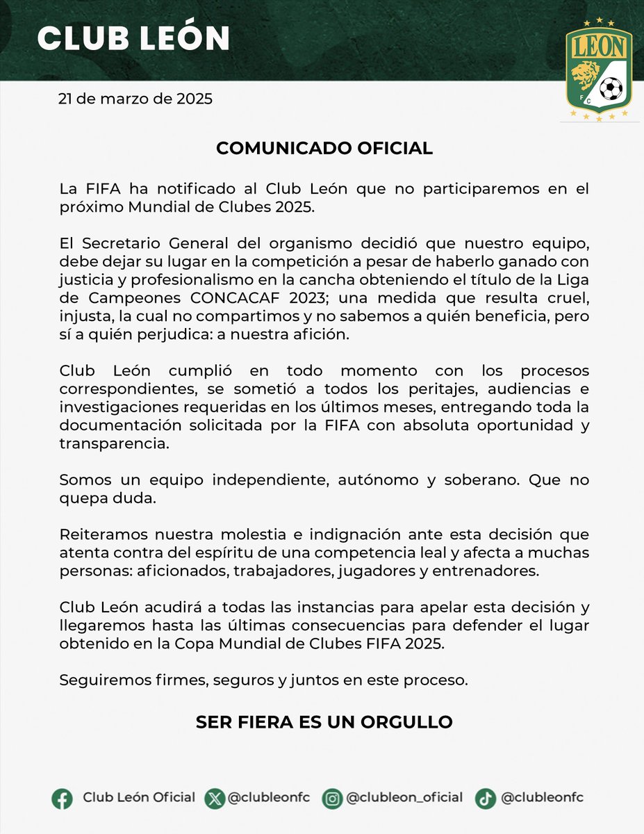 Club León responde tras su exclusión del Mundial de Clubes 2025 / Club León